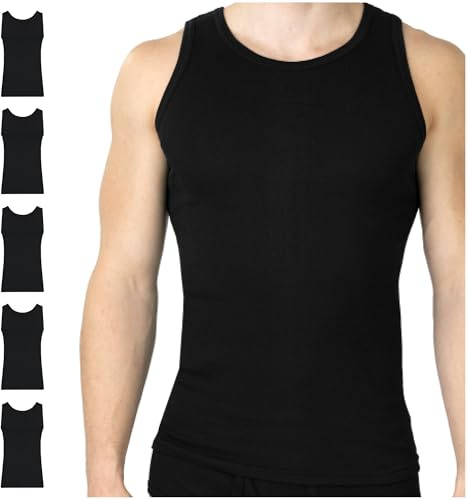 SES finribbad undertröja för män, 5-pack S – 4XL/figurnära tanktopp för män av 100 % bomull/herrundertröjor med kroppsnära passform, svart, 3XL