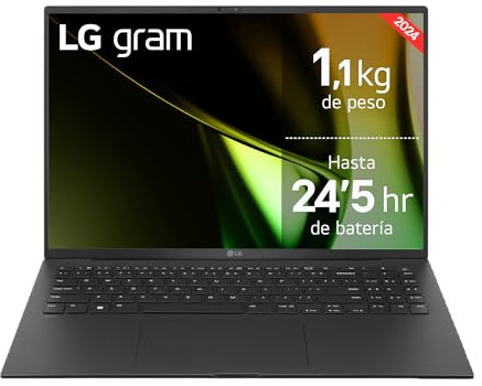LG gram 16Z90S-G.AA55B - Portátil Ultraligero de 40.6 cm (16) 2560x1600, Panel IPS Antirreflejo, Intel Core Ultra, 16 GB RAM, 512GB SSD, 1,199 g, Batería 24.5 Horas, Windows 11, Negro Obsidiana