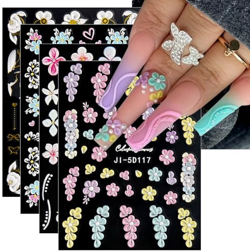 JMEOWIO 3D Embossed Flower Nail Art Stickers Decals Self-Adhesive 5D Spring Summer Floral Butterfly Pink White Nail Supplies Nail Art Design Decoration Accessories 4 Sheets