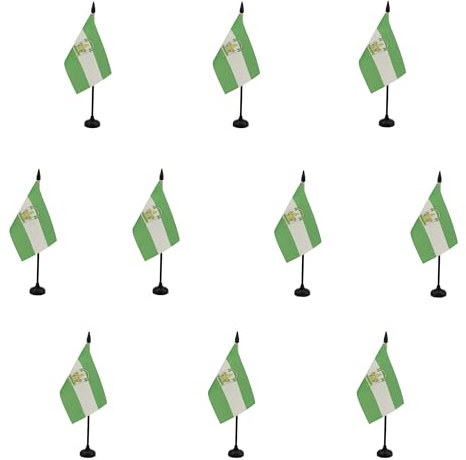 AZ FLAG Pack de 10 Banderas de Mesa Andalucía 15x10 cm Base Plástico | Uso interior Bandera de escritorio andaluza acabado cosido y bordes reforzados con mástil de plástico y base de plástico
