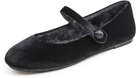 Feversole Women's Mary Jane Fashion，Femmes élégantes Chaussures décontractées Ballerines Fond Mou Confortable Marche Quotidienne Velours Noir doublé de Fourrure Taille 38
