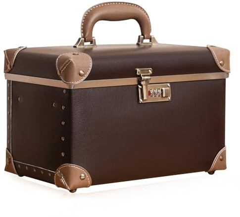 urecity Vintage Leder Kosmetikkoffer mit Spiegel - Hartschale Schminkkoffer für Damen, Reise Make-up Case mit Zahlenschloss & Großer Stauraum (Retro Design) (Braun, Medium)