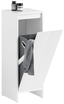 SoBuy Schmaler Badezimmerschrank mit Wäschesammler – Weißer Badschrank 30x30x87 cm, Modernes Frontdesign mit Kipptür, Kommode mit Wäschekorb für kleine Badezimmer, Gäste-WCs oder Waschküchen BZR154-W