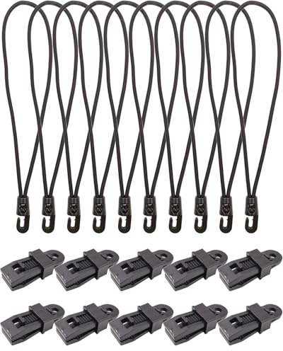 BINCKIN 20PCS Tarp Clips Short Bungee Cords with Hooks, Adjustable Tarpaulin Clip and Hook Bungees, Black Reusable Awning Clips and Bungee Cord with Hook