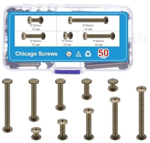 PATIKIL 100Sets Chicago Screws, M5 x 10/20/30/40/50mm Carbon Steel Chicago Screw Phillips Binding Post Screw Rivets for Leather Belt Scrapbook, Bronze