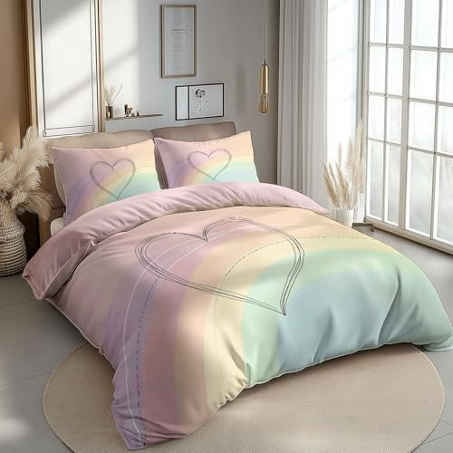 Set copripiumino con cerniera Semplice Cuore Arcobaleno Set biancheria da letto con motivo stampato e 2 federe 50x75 cm, Rosa Copripiumino morbido reversibile 250 x 200 cm