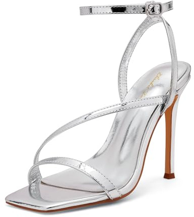 Zhabtuc Sandales pour femmes à talon haut, design carré élégant, bout ouvert et bride de cheville, talon de 10 cm, parfaites pour les soirées et le quotidien