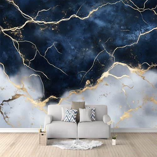 Générique Papier Peint Panoramique Marbre Bleu Blanc 350x256 cm Papier Peint Photo Mural Intissé, Poster Tapisserie Mural Personnalisé 3D Pour Salon Chambre Décoration Murale