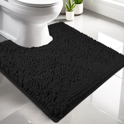 LUSCHEER Absorbent Chenille WC Toilet Rug Non-Slip U Shape Pedestal Mat Bath Mat, Extra Soft Fluffy Bathroom Toilet Mat for Floor, Quick-drying Machine-Washable, 50 x 50 cm, Black
