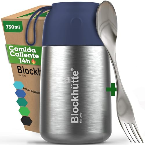 Blockhütte Edelstahl Warmhaltebehälter Essen To Go I 730 ml I Auslaufsichere Thermoskanne für Essen – Thermodosen zum Warmhalten mit Göffel – Wärmebehälter, Thermo Behälter Essen - Blau