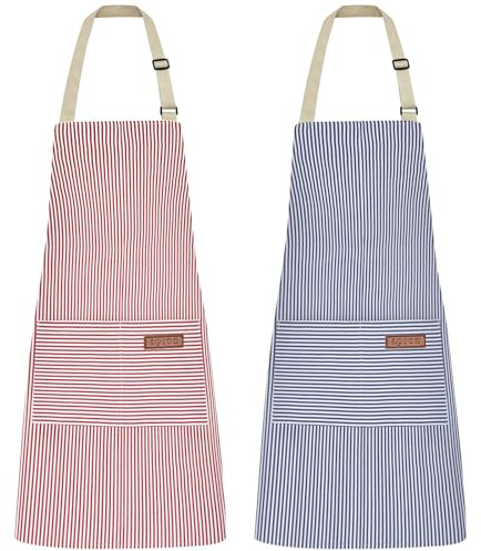 ZAIORD 2Pack Adjustable Kitchen Apron for Women Men with 2 Pockets，Cotton-Polyester Blend Bib Aprons for Cooking,Baking