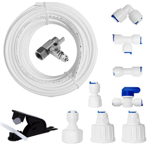 PAROAD Wasserzulaufleitung Universal Anschluss-Set mit T Stück für Wasserrohr, drücken, Kühlschrankschlauch, 15M 1/4 Zoll (6.35mm) Schlauch, I+T+L Schnellsteckverbinder,Anschlussstück,Absperrventil