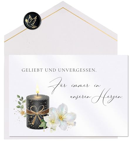 JoliCoon Premium Trauerkarte STARDUST, mit echtem Wachssiegel | 350g Perlmuttpapier, Schimmereffekt, goldveredeltes Fine-Paper-Kuvert, für stille Anteilnahme