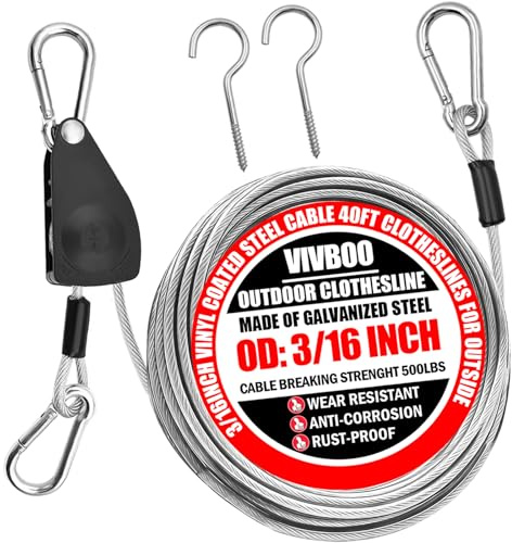 VIVBOO 40ft Clothes Line Outdoors 3/16 Wire Ropes Silver PVC Coating Laundry Drying Clothesline Retractor with Metal Hooks Heavy Duty for Umbrella Travel Outside Camping Backyard