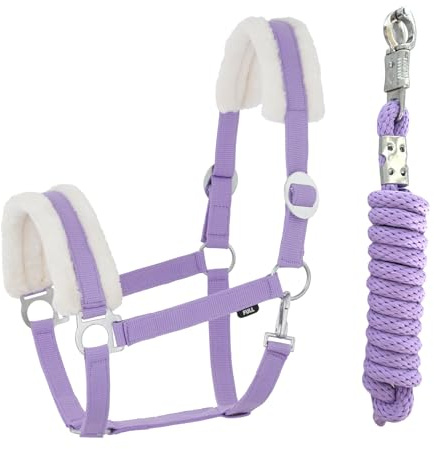 JA Horse JA4004 Comfort Kunstfell Halfter Set Panikhaken, Lavender, Full | Comfort Pferdehalfter mit Kunstfell Führstrick Set, verstellbar mit Panikhaken für Pferd Holzpferd