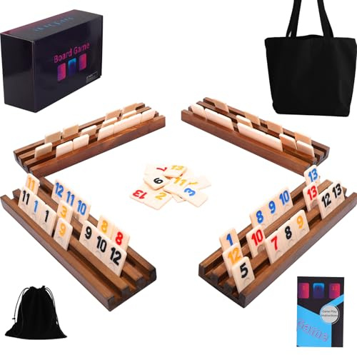 Rummy Cup Original, 4 Player Rummy Cup inklusive 106 Spielsteinen, 4 Holz-Steinehaltern, Kordelzug-Aufbewahrungsbeutel, Handtasche für alle Komponent - Klassische Brettspiele für Familie und Party.