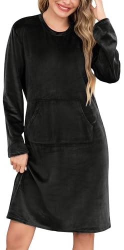 Vlazom Dam lyx fleece nattlinnen varma nattklänningar långärmad termisk nattskjorta mysig nattlinne myskläder med fickor S-XXL, Svart, S