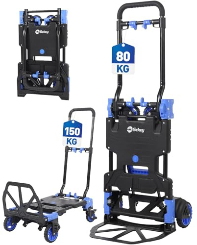Sekey Sackkarre Klappbar & Klappbarer Transportwagen 2-in-1, Aluminium Plattformwagen belastbar bis 150 kg, Transportkarre mit TPR-Doppellagerräder, Bremse & Ergonomischem Griff, Blau-Schwarz