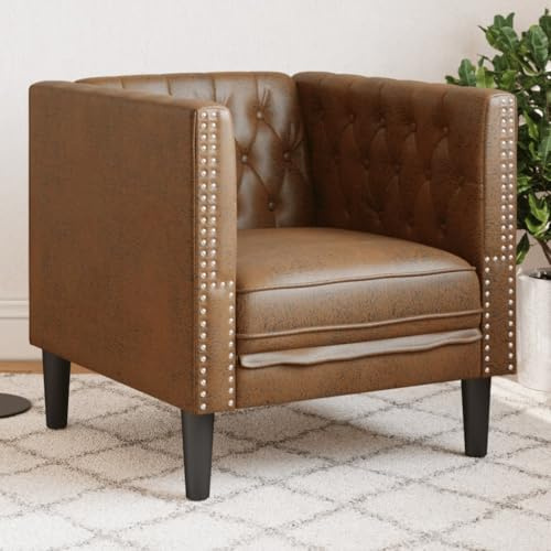 Qnhdfrt Chesterfield Sessel Braun Kunstleder Wildleder-Optik - Bequemer Relaxsessel mit Knopfheftung für Wohnzimmer Lounge und Lesen Größe 71x74,5x70,5 cm