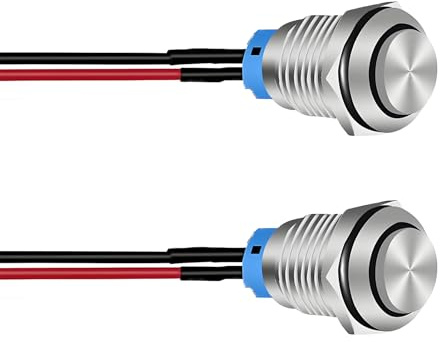 MejaRizon 2 Stück 16mm Wasserdicht Schalter, Selbstsichernder Edelstahl Taster, Wasserdichte Drucktaster, 12V/230V Drucktaster für Hupen, Autoklingeln, Autos mit 15cm Anschlusskabel