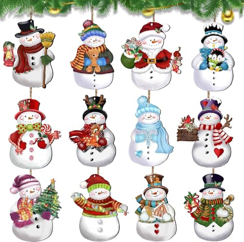 24 Stück Weihnachtsbaumschmuck Holz, Christbaumschmuck, Vintage Schneemann Anhänger Set mit Schnur, Niedliche Weihnachtsanhänger Holz für Weihnachten Dekoration Innen Außen, 12 Designs, 8x5 cm