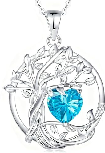 URBAN SPARKS Collier Arbre de Vie Femme en Argent 925, Pendentif Double Couche avec Pierre de Naissance Cœur, Bijou Personnalisé Cadeau Anniversaire
