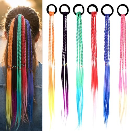 6 Stück Bunte Haarsträhnen Mädchen,Bunte Geflochtene Haarsträhnen,Farbverlauf Haarschmuck Mädchen,für Party,Festival Deko,Geschenke,Leistung Deko