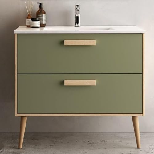 Aquore | Mueble de Baño con Lavabo Modelo Nordic 2 Cajones con Patas | Medidas 80 cm x 45 cm x 85 cm | Color Roble Natural Oliva | Conjunto de Baño | Mueble Decoración Baño | Sin Espejo