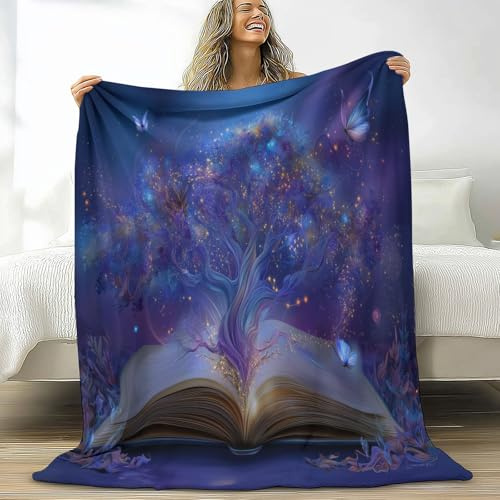 Plaid Coperte Pile Albero Della Vita Fantasy Libreria Plaid Pile Coperta Divano, Viola Flanella Super Morbida e Calda Coperta Letto 180 x 220 cm Divano Blanket Peluche Coperte