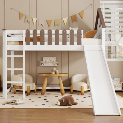 Merax Hochbett mit Dach und Fenster, Mit Rutsche, Kinderbett mit dreistufiger gerader Leiter, Jugendbett, Kiefer+MDF, Weiß+Walnuss, 90x200cm