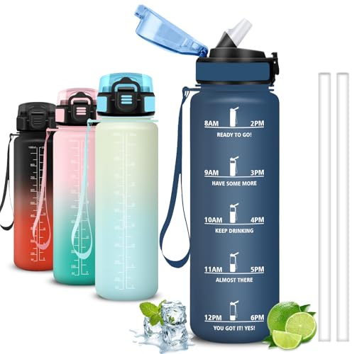 Mujigaga Gourde, Gourde 1l, Anti Fuite, Gourdes Sport, Facile à Nettoyer, Gourdes Reutilisable, avec Slogan de Motivation, Bouteille d'eau pour Camping, Nager, Sports, Triathlon