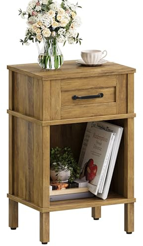 YAUKTAK Mesita de Noche de Madera Mesita Auxiliares con Cajones Compartimento Abierto Moderna Minimalista Bedside Table Dormitorio Sala de Estar Marrón rústico LET512DR
