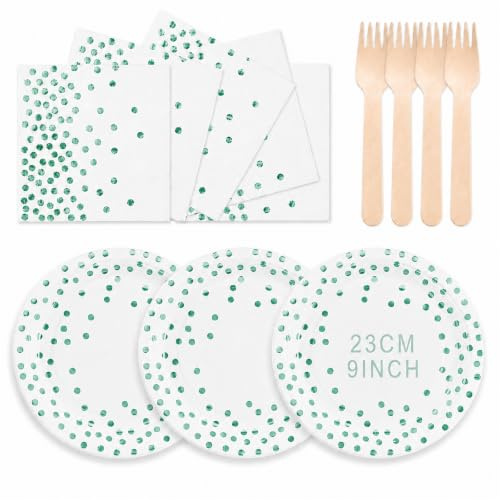 ZblPyro Blanco Verde Vajilla Desechable Cumpleaños para 24 Personas | 23cm platos desechables, servilletas, tenedores de madera, picnics primaverales, almuerzo de Pascua, fiestas en el jardín