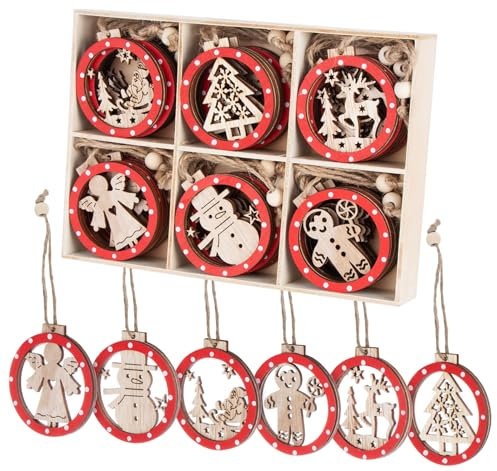 Sweelov 30tlg Holz Weihnachten Anhänger Rot Weihnachtsanhänger Doppelschicht Christbaumanhänger Hängeornamente Weihnachtsdeko, 6 Verschiedene Musters