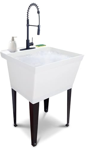 Utility Sink Extra-Deep Laundry Tub in White with High-Arc Coil Pull-Down Sprayer Faucet in Matte Black, Integrated Supply Lines, P-Trap Kit, Heavy Duty Floor Mounted Freestanding Wash Station
