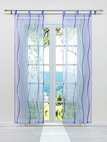 ESLIR 2er Set Flächenvorhänge Schiebegardinen Voile Gardinen mit Schlaufen Schiebevorhang Transparent Vorhang Wellen Muster Blau BxH 57x145cm 2 Stück