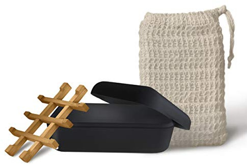 EDARTO® Nachhaltige Seifenschale mit Ablauf aus Bambusfaser und Maisstärke, Seifensäckchen aus 100% Natursisal für Körperpeeling