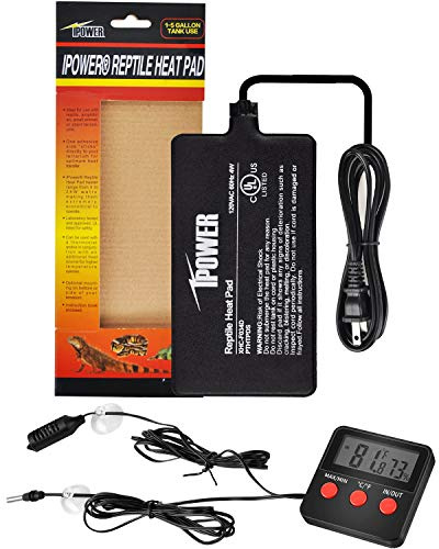iPower 4x7 Reptile Heat Mat Under Tank Terrarium Heater Warmer Heating Pad, Digital Thermometer and Hygrometer with Temperature and Humidity Probe for Amphibian Pet and Small Animals