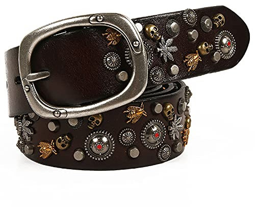 Nietengürtel für Herren und Damen, Totenkopf Nieten versch Größen Gürtel Punk-Rock-Nieten mit silberfarbenen Sternen,Ledergürtel,Skull~1,105cm/waist:34~36