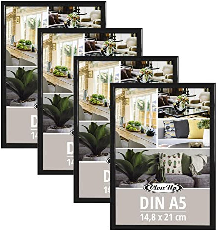 Close Up Bilderrahmen 4er Set DIN A5 (14,8 x 21 cm) | Kunststoff schwarz mit Rückwand und Aufsteller | PVC-Scheibe (unzerbrechlich) Profilbreite 12 mm