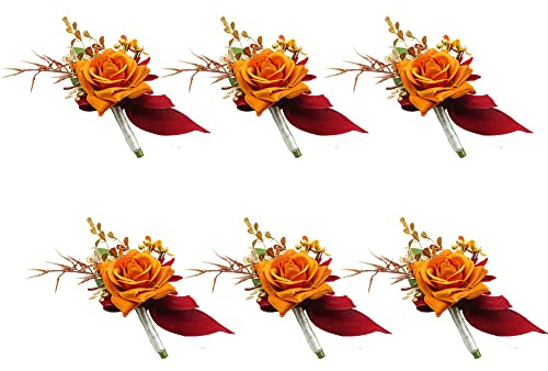 Ansofi Ansteckblume für Herren, gebranntes Orange, 6 Stück, für Bräutigam, Trauzeugen, Trauzeugen, künstliche Blumen, Ansteckblume für Hochzeit, Jahrestag, formelle Dinner-Party, Herbst, Vintage