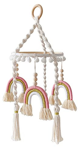 URFEDA Regenbogen Babybett Mobile Baby Windspiel, Mobile Baby Holz mit PomPom Ornament Kinderzimmer Hängende Bettglocke Anhänger zum Aufhängen für Kinderbett Geschenk für Baby Mädchen Jungen