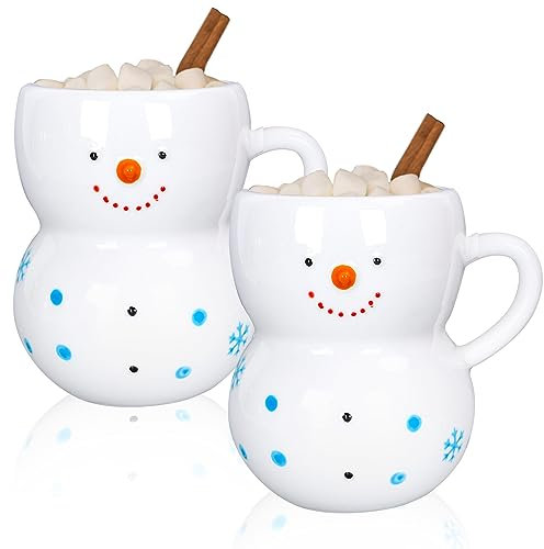 Whaline 2 Stück Weihnachtstassen 3D Schneemann Keramik Tassen Winter Urlaub Neuheit Kaffeetassen Xmas Lustiges Geschenk für Familienmitglieder Freunde Abendessen Tischdekoration