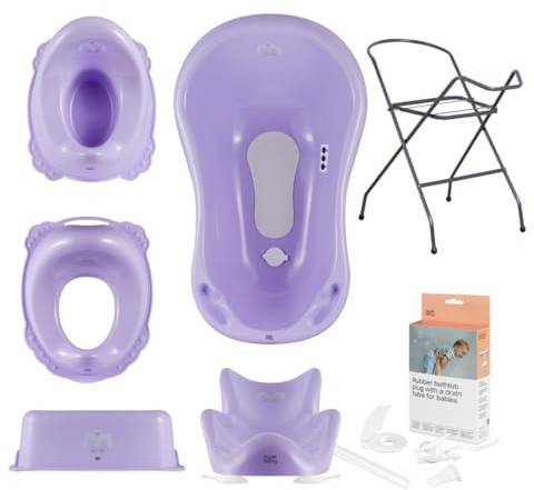 Hylat Baignoire Bebe Sur Pied et Égouttage avec Support Baignoire Bébé - Ensemble Tout-en-Un: Siege De Bain Pour Bebe, Pot Bebe Toilette, avec Reducteur Toilette Enfant et Marche Pied Enfant