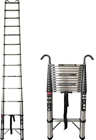 Escaleras Telescópicas Tijera de 5m de Cierre Suave y Retracción Segura con 2 Ganchos Desmontables, Escalera Multiusos Extensible 150kg | Escalera de Extensión para Desván Portátil