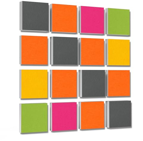 platino24 Akustikpaneele 16 Elemente 3D-Set Colore Quadrat 27,5 x 27,5 cm Multicolore I Schallabsorber aus Basotect G+ mit Akustikfilz I Schalldämmung Wand & Decke I Akustikelemente Wandpaneel