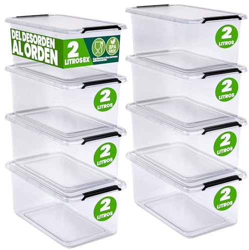 Deuba Aufbewahrungsboxen 8x 2L mit Deckel | Kunststoff, Transparent, Stapelbar, Transparent, Lebensmittelecht, BPA frei, Klickverschluss, 19,5x15x11,5 cm, Küche