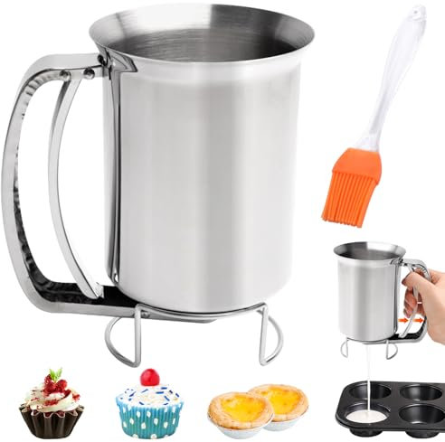 Raxfekro Teigspender Edelstahl 900ml, Teigportionierer mit Quetschgriff, Teigdosierer Pfannkuchen Groß, Teigspender für Pfannkuchen, Muffins, Kekse und Waffeln