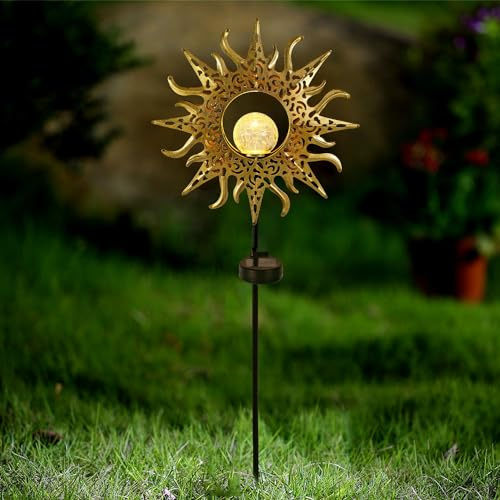 Taylor & Brown Solar Lights Outdoor Landscape Decor Sun Lantern for Patio, Lawn or Pathway Decorations Crackle Glass Globe Stake Metal Lamp Waterproof Warm White LED Garden Light