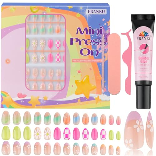 EBANKU 3 Pack Kinder Nägel aufdrücken Mit Kein UV-Licht erforderlich Kleber 78 Stück Presse auf Nägel für Kinder, Presse auf Nägel für Mädchen 8-12 Jahre | Nägel zum Aufdrücken mit Blumen, für Mädchen, 8–12 Jahre, mit Gelee-Nagelkleber und Nagelkleber